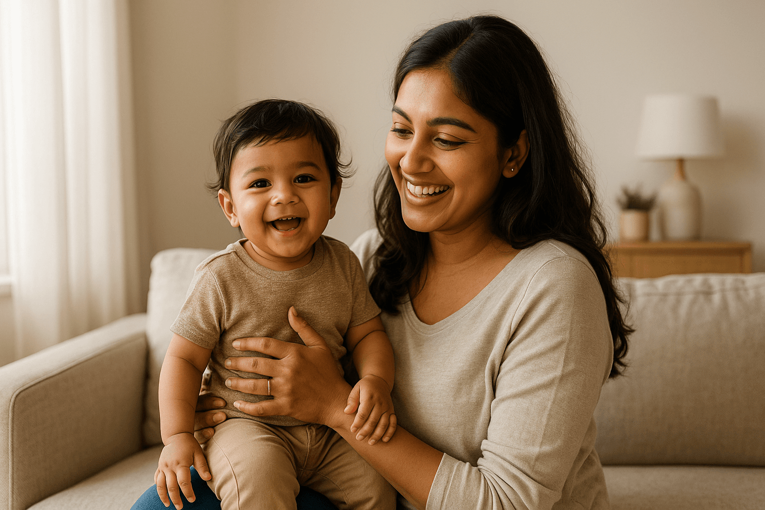 A smiling Indian mother holding her happy toddler in a bright home