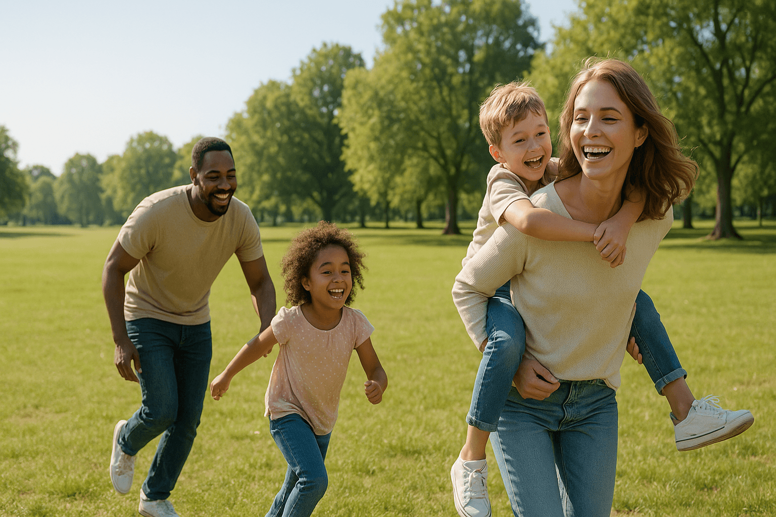 A happy interracial family with two young children spending time together outdoors in a park